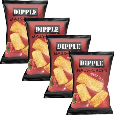 Produktbild von 4x Dipple Mais‑Chips Paprika 90 g Tüte Snack Chips Mais Knabberzeug
