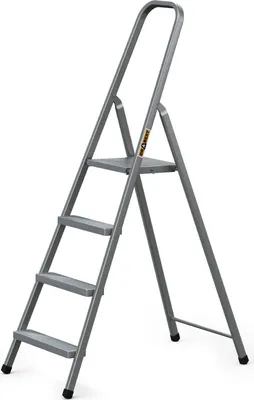 A gray metal stepladder with four steps and a handle, shown against a white background.