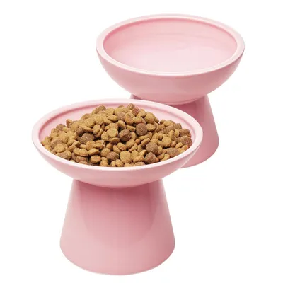 Produktbild von Rosa Katzenfutternapf aus Keramik mit hohem Fuß und großem Durchmesser, 2 Stück