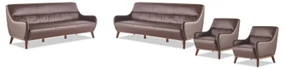 Produktbild von Ledersofas Komplett 3-Sitzer 2x Sessel Klassisch Braun Leder Holz Couch