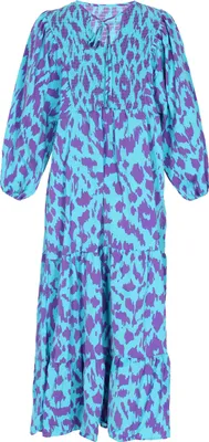 Produktbild von Damen Midikleid blau mit Leopardenmuster Rundhalsausschnitt 7/8-Laternenärmel Größe L
