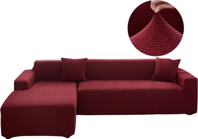 Produktbild von (Weinrot) L-förmiger Sofabezug, Stretch-Sofa-Schonbezug mit elastischer Unterseite, Möbelschutz, kratzfest, waschbar, einfarbiger Jacquard-Couchbezug für Wohnzimmer