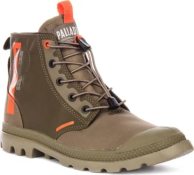 A single olive green Palladium boot with orange accents is shown against a white background.