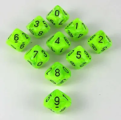 Imagen del producto de Chessex Vortex, juego de 10 dados D10, color verde/negro transparente