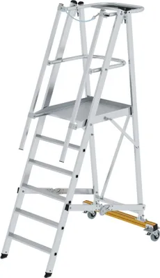 Produktbild von Plattformleiter klappbar und fahrbar | 6 Stufen | inkl. beidseitigem Handlauf | Aluminium | nivello® Leiterschuhe