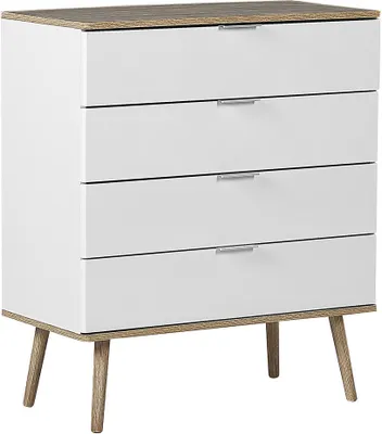 Produktbild von BELIANI Kommode Weiß/heller Holzfarbton MDF Platte Kiefernholz 40 x 79 x 93 cm Modern Skandinavischer Stil Geräumige Schubladen Wohnzimmer
