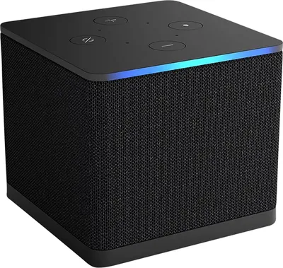 A black Amazon Fire TV Cube is shown from a slightly elevated angle against a black background.