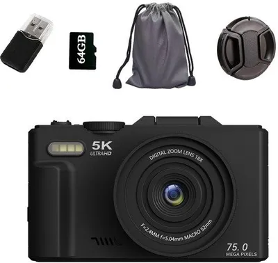 Zdjęcie produktu dla Cyfrowy aparat fotograficzny 5K z matrycą 75 MP, Wi-Fi, pamięcią 64 GB, 18-krotnym zoomem i ekranem LCD 3,0" do kompaktowego fotografowania w podróży.