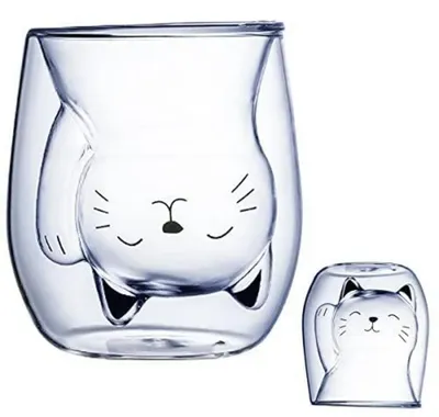 Immagine prodotto di Bicchieri doppi con motivo felino, capacità 200 ml, in vetro borosilicato, vetro isolante