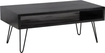 Productafbeelding van WOHNLING salontafel, 100x50x40 cm, mango massief hout, metaal, zwart. Salontafel voor de woonkamer, rechthoekig, met opbergruimte. Grote, massieve salontafel