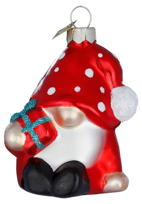 Kleiner Wichtel aus Glas mit roter gepunkteter Zipfelmütze und Geschenk in den Händen als Christbaumanhänger 7cm