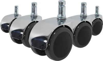 A group of five black and chrome office chair casters are arranged in a diagonal line against a white background.