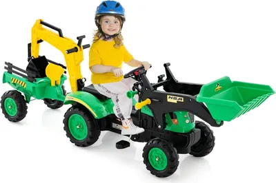Produktbild von GOPLUS 3 in 1 Kinder Trettraktor mit 6 Rädern & Verstellbarer Grabschaufel & abnehmbarem Anhänger, Kindertraktor mit Hupe, für Kinder 3-6 Jahren bis zu 35 kg belastbar (Grün)
