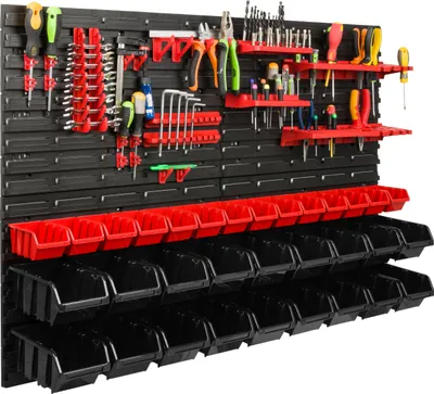 Obrázek produktu pro Skladovací systém Dílenské regály | 115 x 78 cm | 32 ks. Box | Nástěnný regál s držáky na nářadí a stohovatelnými boxy - Nástěnné desky Extra silné regály s přihrádkami Nástěnná deska s otvory pro nářadí Skladovací regály Garážové regály