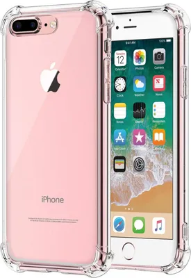 A pink iPhone 7 Plus/8 Plus in a clear protective case, shown from the back and front.