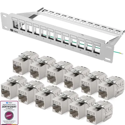 Produktbild von hb-digital Patchpanel 10 Zoll 12 Port CAT 8.1 mit RJ45 Keystone Modulen 1HE Grau