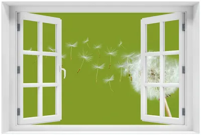 Produktbild von Wallario Premium Glasbild mit Fensterrahmen, freischwebende Optik, kräftige Farben, Größe 60 x 90 cm Motiv Pusteblume auf der Wiese mit fliegenden Samen