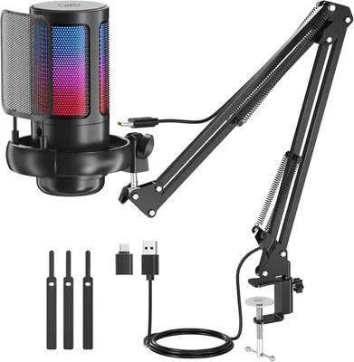 Produktbild von USB Gaming Mikrofon, RGB Computer-Mikrofon mit Arm, EIN-Taste-Stummschaltung, 3,5-mm-Kopfhörerbuchse, Streaming Mikrofone, Schwarz
