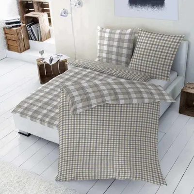 Produktbild von Renforcé Bettwäsche Weiß Beige Kariert 155x220 cm + 80x80 cm