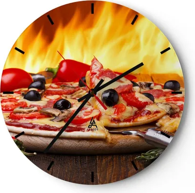 Produktbild von Wanduhr - Rund - Glasuhr - Kuchen Backen Pizza Käse - 30x30cm - Schleichendes Uhrwerk - Lautlos - zum Aufhängen bereit - Dekoration Modern - Wanddekoration aus Glas - C3AR30x30-2406
