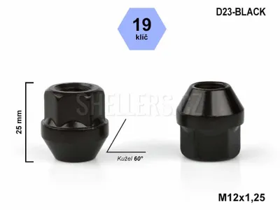Obrázok produktu pre Kuželová otvorená matica M12x1,25, kľúč 19, D23-BLACK, výška 25 mm, čierna