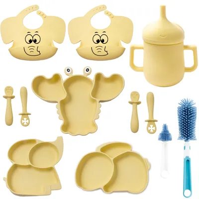Image de Ensemble complet de vaisselle pour bébé en silicone, comprenant une assiette avec ventouse et une cuillère