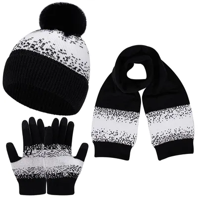 Produktbild von Elzusha - Winterset für Damen, Herren und Uni: Gestrickte Mütze, Schal und Handschuhe mit Schneeflockenmuster