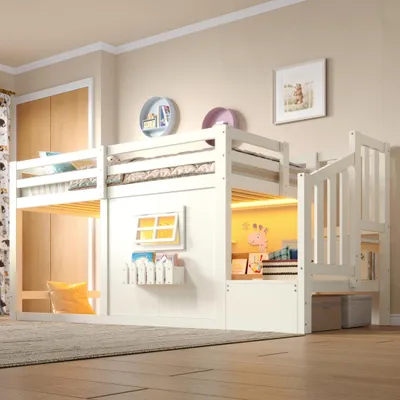 Produktbild von Hochbett Kinderbett 90 x 200 cm mit Treppe, Stauraum, Fenster und LED-Licht, Kiefernholz/MDF, Weiß, Etagenbett für Schlafzimmer Kinderzimmer