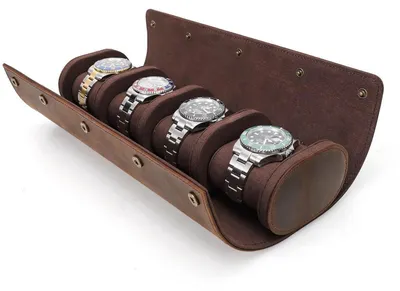 Produktbild von Retro Uhrenbox aus wasserdichtem Leder, 4 Fächer, Kaffeebraun, mit herausnehmbaren Kissen für Schmuck