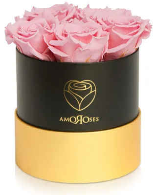 Geschenkbox mit 5 stabilisierten Rosen – schwarze Box, rosa