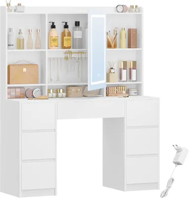 Immagine prodotto di Comò con grande specchio a LED, 7 cassetti, 4 ripiani e illuminazione d'atmosfera, ideale per la camera da letto