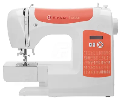 A studio shot of a white and orange SINGER C5205 sewing machine against a white background.