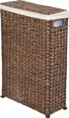 A tall, rectangular woven laundry hamper with a beige lid.