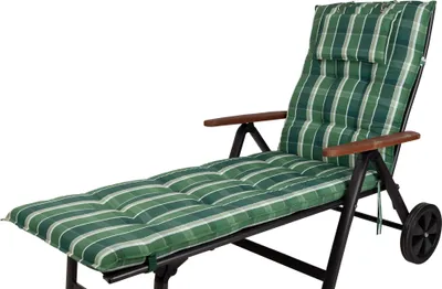 A green and white checkered chaise lounge cushion on a black metal frame, with wooden armrests and a black wheel visible.