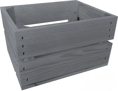 A gray wooden crate is shown against a white background.