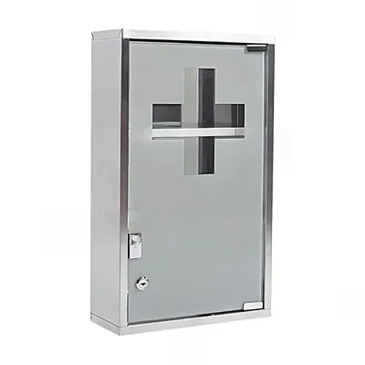 Produktbild von Theo&Cleo Medizinschrank aus Edelstahl abschließbarer Arzneischrank Erste-Hilfe-Schrank Hausapotheke, Glas Tür, Silber-3 Fächer, 27 x 12 x 48 cm