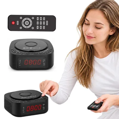 Produktbild von Bluetooth CD Player mit kabellosem Ladegerät, FM-Radio, Doppelwecker, Schlummerfunktion & Fernbedienung – Tragbarer CD-Player für Zuhause