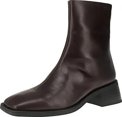 A single dark brown leather boot is shown against a white background.