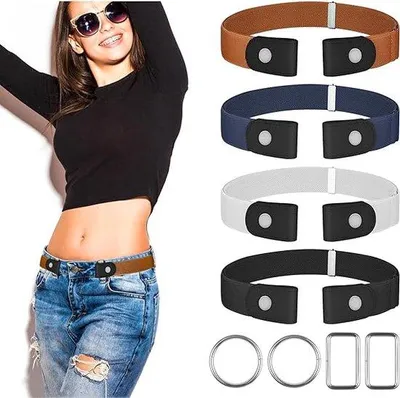 Produktbild von Unyqoos® 4er-Set Gürtel ohne Schnalle – verstellbarer elastischer Stretchgürtel aus Stoff, bis 90 cm, unsichtbar für Jeans, Hose, Kleid, mit Metallring, weiß/schwarz/dunkelblau/braun