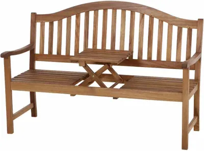 A wooden garden bench with a fold-out table in the center.