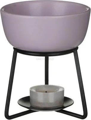 A lilac-colored ceramic bowl on a black metal stand with a tea light candle underneath.