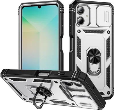 Immagine prodotto di Custodia per Samsung Galaxy A06 protezione fotocamera scorrevole, resistente agli urti, con supporto ad anello, supporto e porta carte Bianco