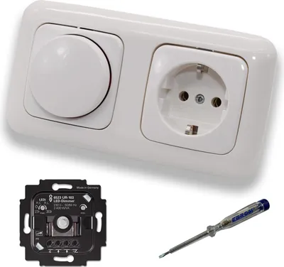 Produktbild von Busch Jäger 6523UR-103 LED Drehdimmer Dimmer + Dimmerscheibe 2115-214 und Steckdose 20EUC-214 in Reflex Si alpinweiß glänzend inklusive EBROM Phasenprüfer zur Montage der Geräte 6523 UR-103