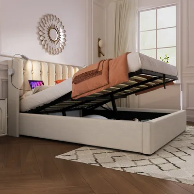 Produktbild von Odikalo Polsterbett 140x200, Doppelbett mit Stauraum Bettgestell LeinenJugendbett  mit lattenrost/Kopfteil ,Natürlich,Ohne Matratze
