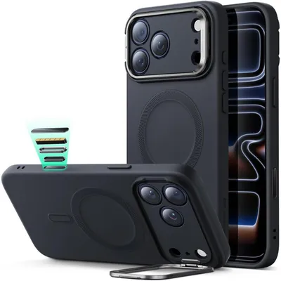 Immagine prodotto di Custodia in silicone con supporto, colore nero, compatibile con iPhone 17 Pro e con tecnologia MagSafe