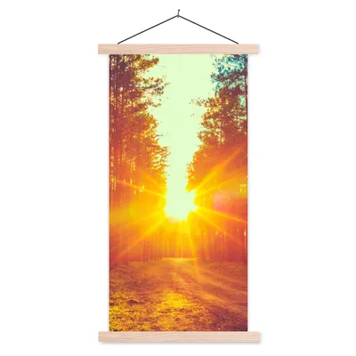 Produktbild von MuchoWow® Textilposter Sonnenuntergang - Bäume - Wald - Natur 60x120 cm mit holzfarbenen Rahmen - Holz
