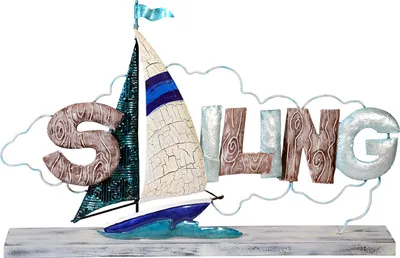 A decorative sign with the word "SAILING" depicted as a sailboat.