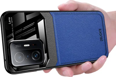 Produktbild von Xiaomi 11T Hülle, TPU Stossfest Anti-rutsch Leder Glas Len Hybrid Schutzhülle für Xiaomi 11T / 11T Pro Blau