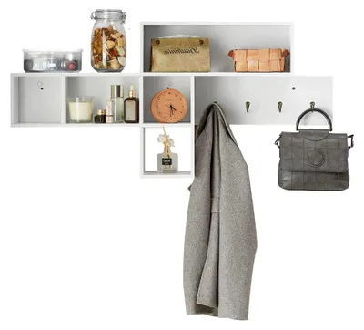 Produktbild von Wandgarderobe mit 5 Fächern und 4 Haken, Flurgarderobe, Kleiderhaken, Wandregal, Hängeregal, Garderobe, weiß, BHT ca.: 110x53x15cm