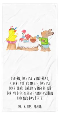 Produktbild von Mr. & Mrs. Panda Badehandtuch Ostern Frühstück - Weiß - Geschenk, Reisehandtuch, Handtuch, Strandtuch, Strandlaken, Ostergrüße, Duschtuch, Großes, Küken, Hase, Osterhase